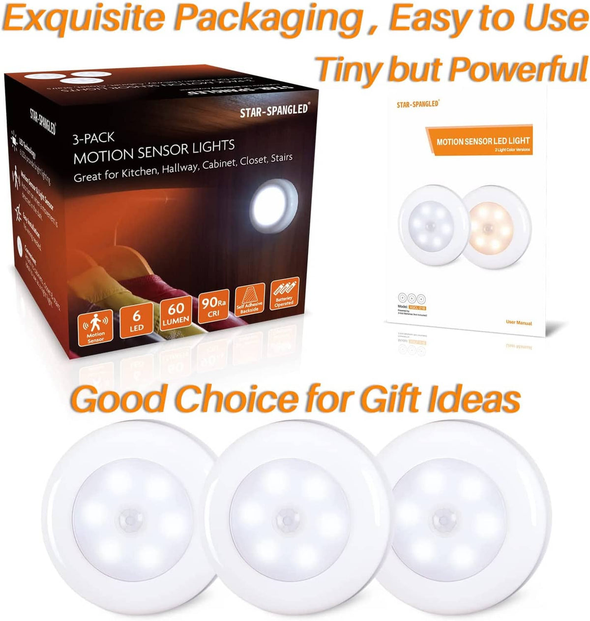 3-pack LED motion sensor puck light box with three white puck lights