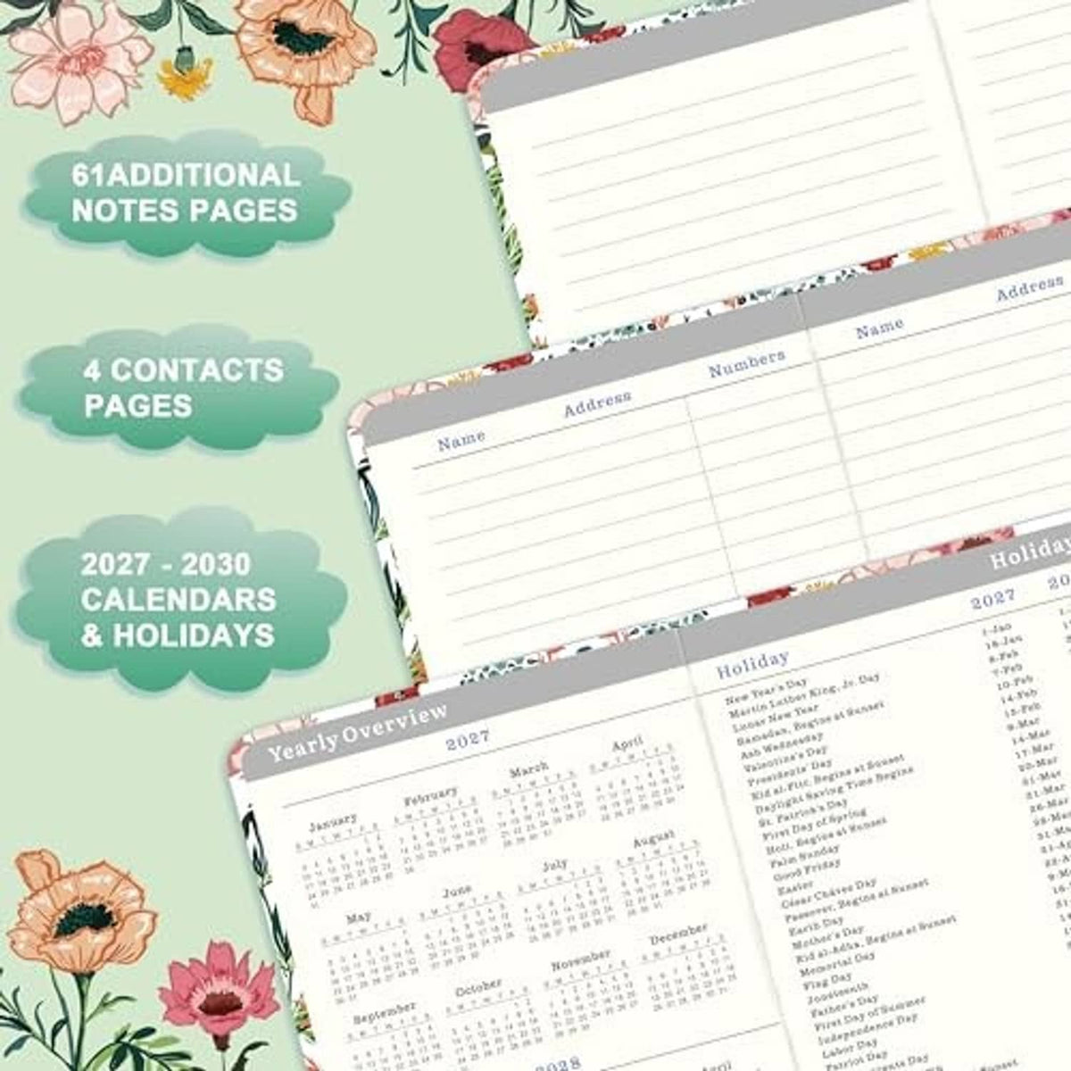 Open pocket planner pages showing contacts and yearly overview sections with floral borders