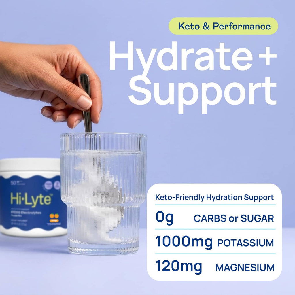 Hi-Lyte electrolytes powder mix container with glass of water, zero carbs claim