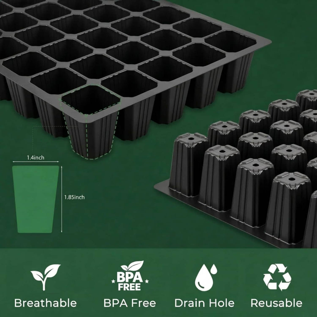 Close-up of black 40-cell seed tray with deep planting cells and drain holes