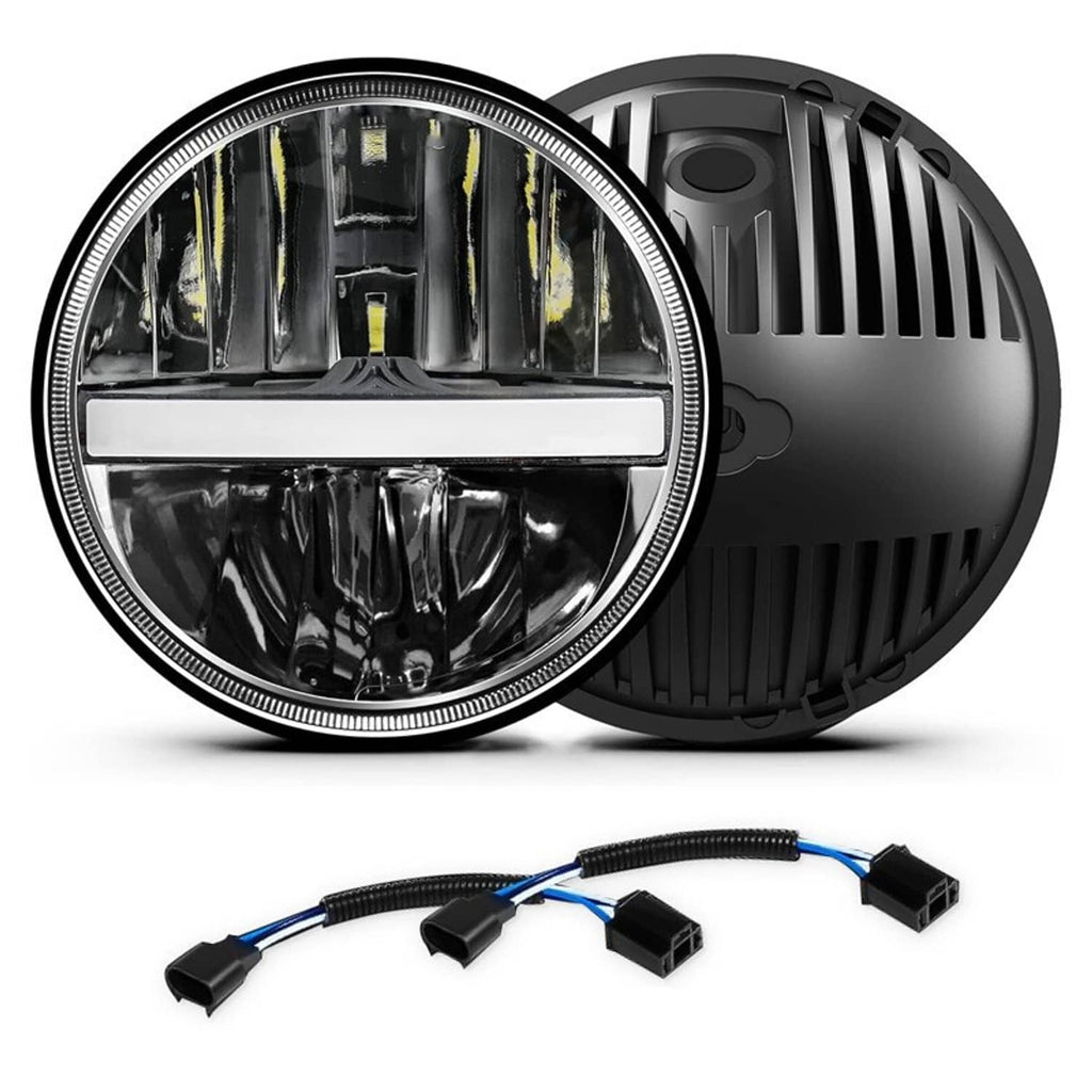 Round halo LED headlights set with front lens, rear housing, and wiring harness