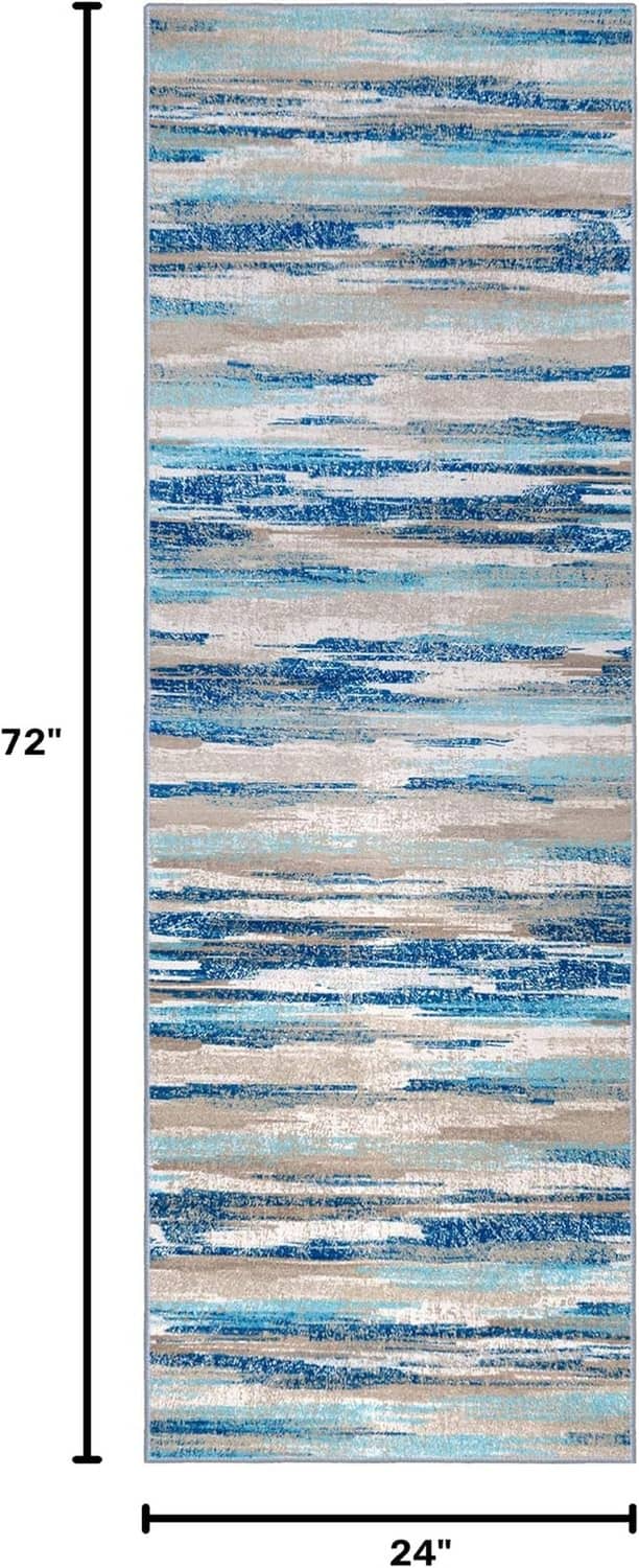 Abstract blue runner rug, 72 x 24 in, thin flat design with striped pattern