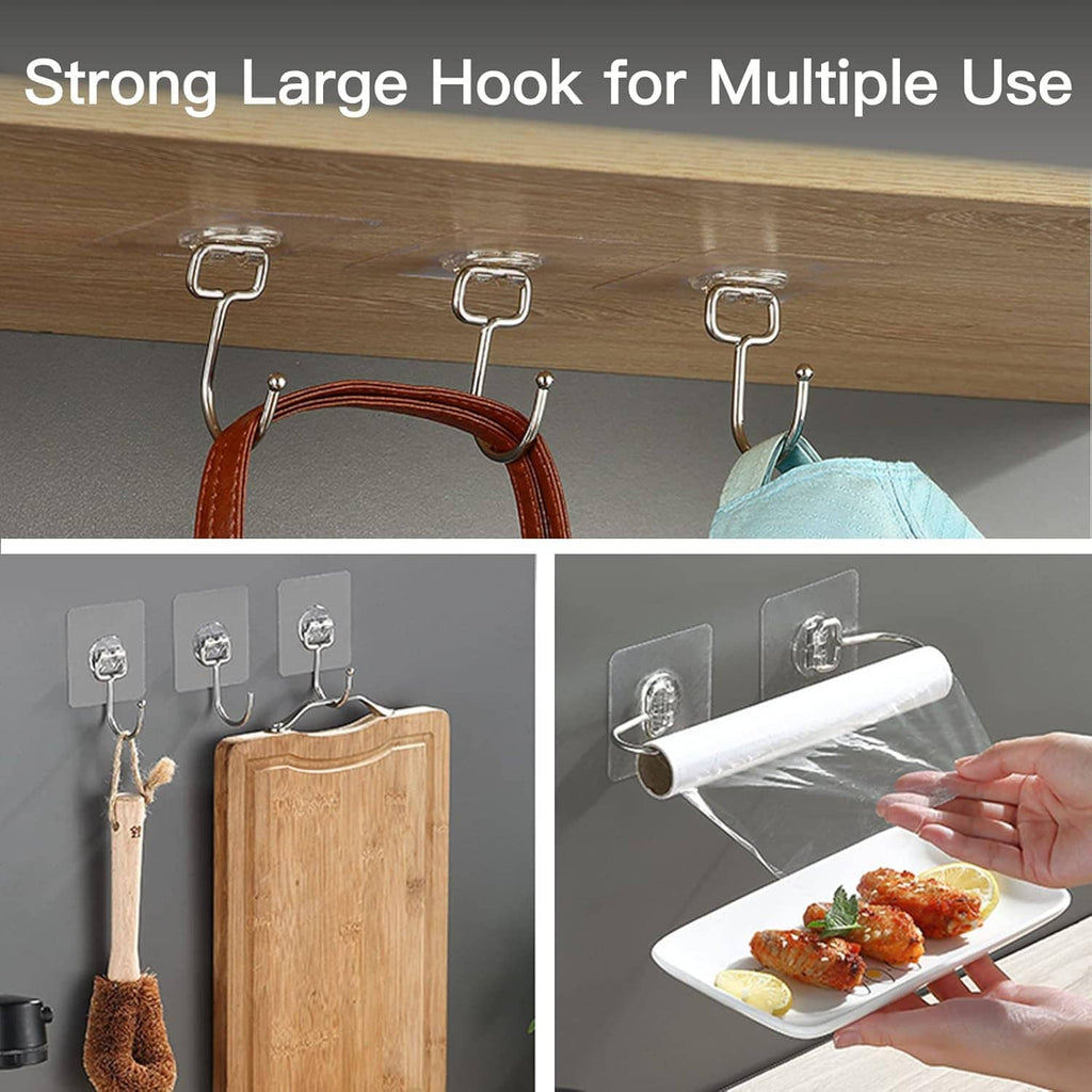 Set of wall hooks with curved metal stems holding straps and utensils