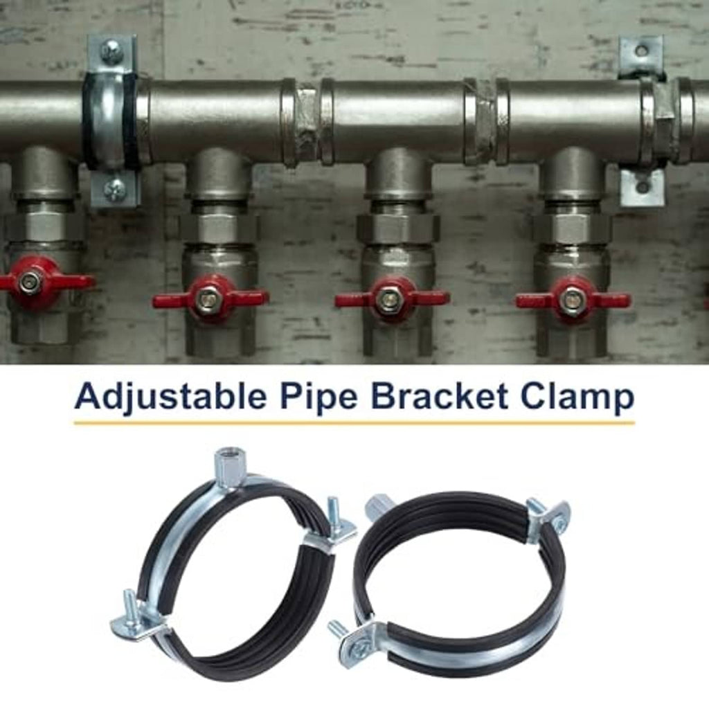 Adjustable pipe bracket clamps with black rubber lining securing steel pipes