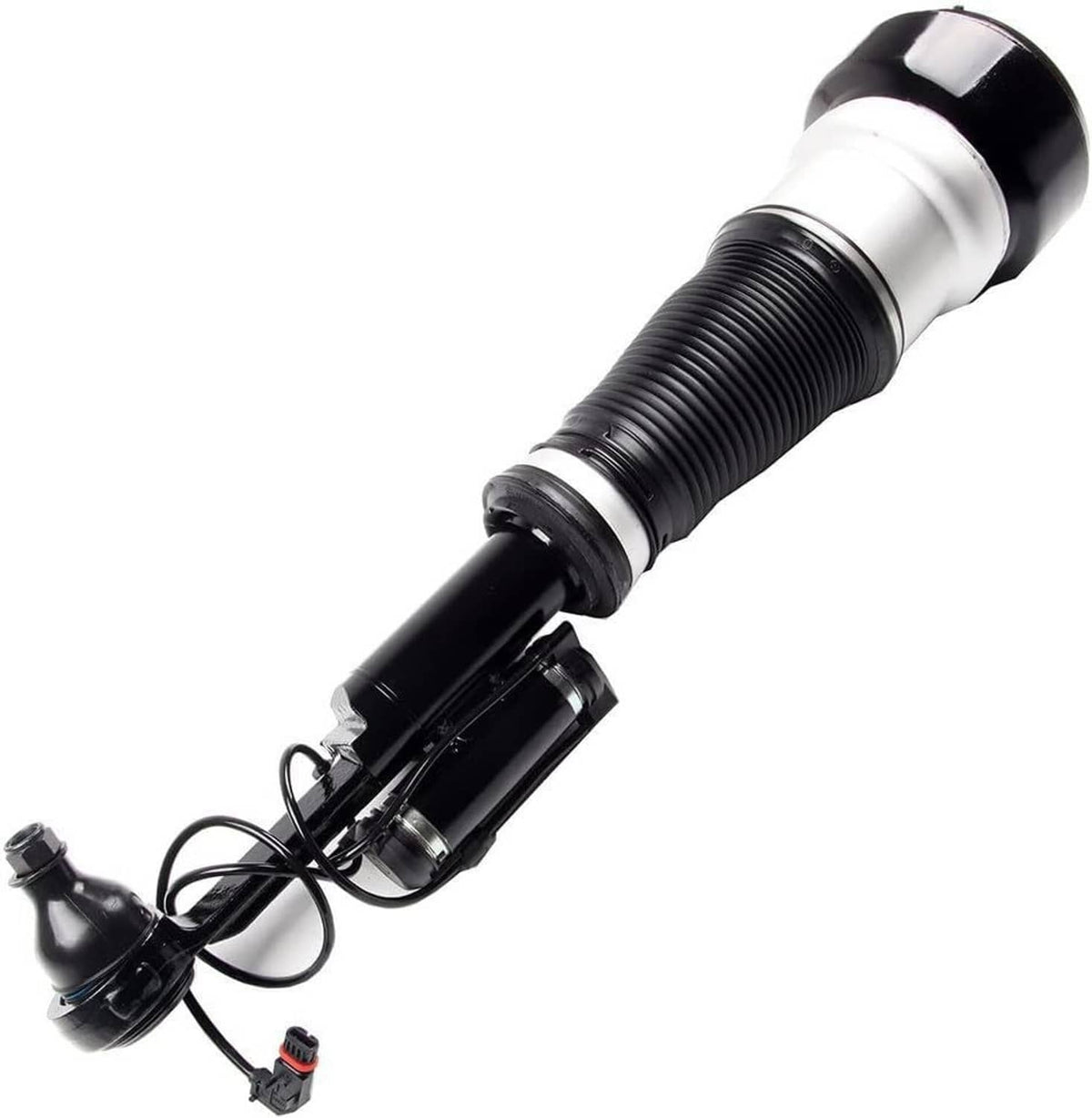 Front right air suspension strut with ribbed black air spring and attached wiring harness