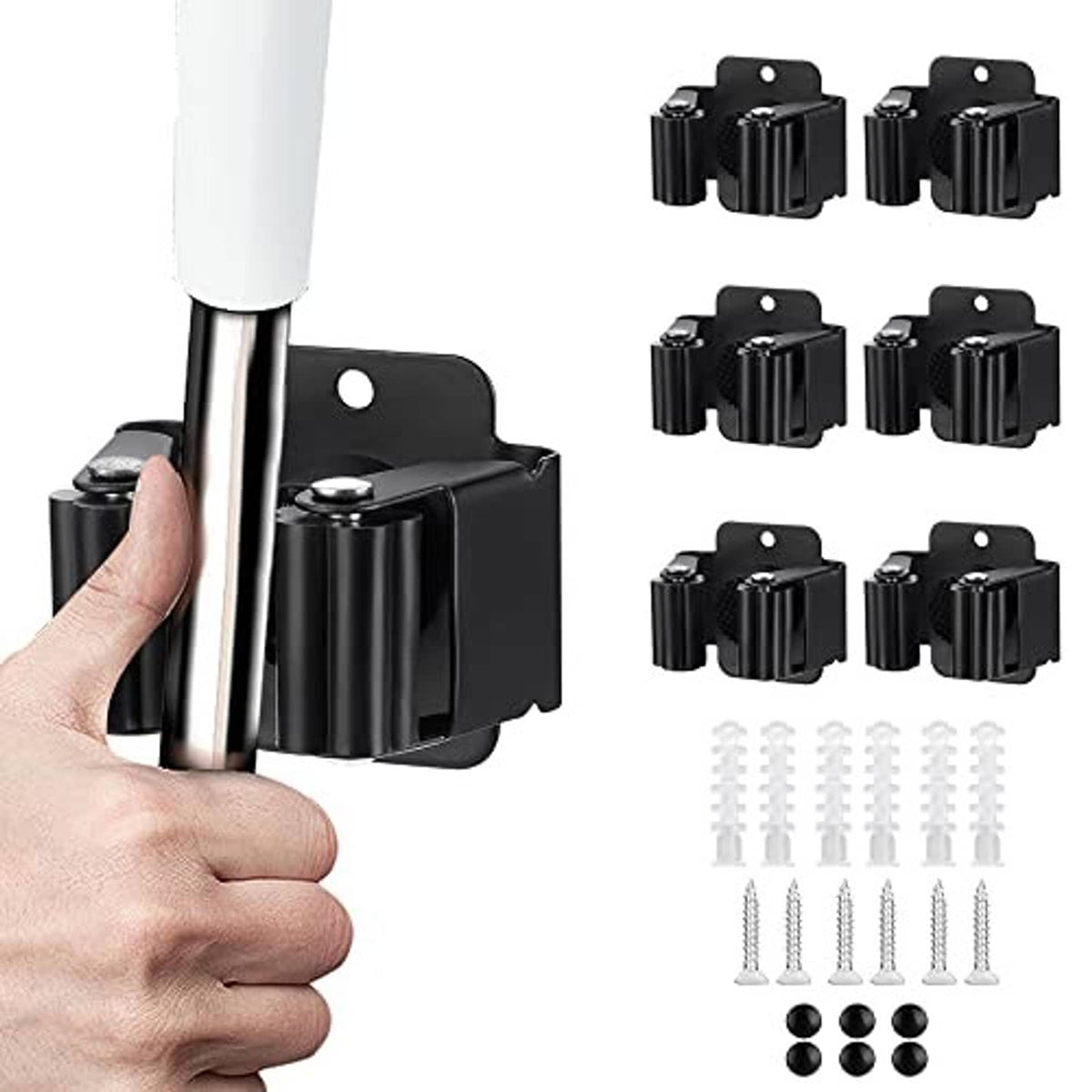 Matte black broom and mop wall holder with four-unit clamp set and included screws