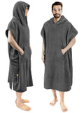 Grey hooded surf changing poncho with front kangaroo pocket and side drape sleeves