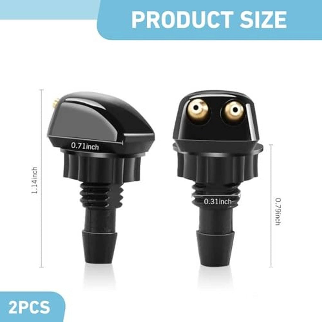 Pair of black windshield washer nozzles with dual brass outlet ports