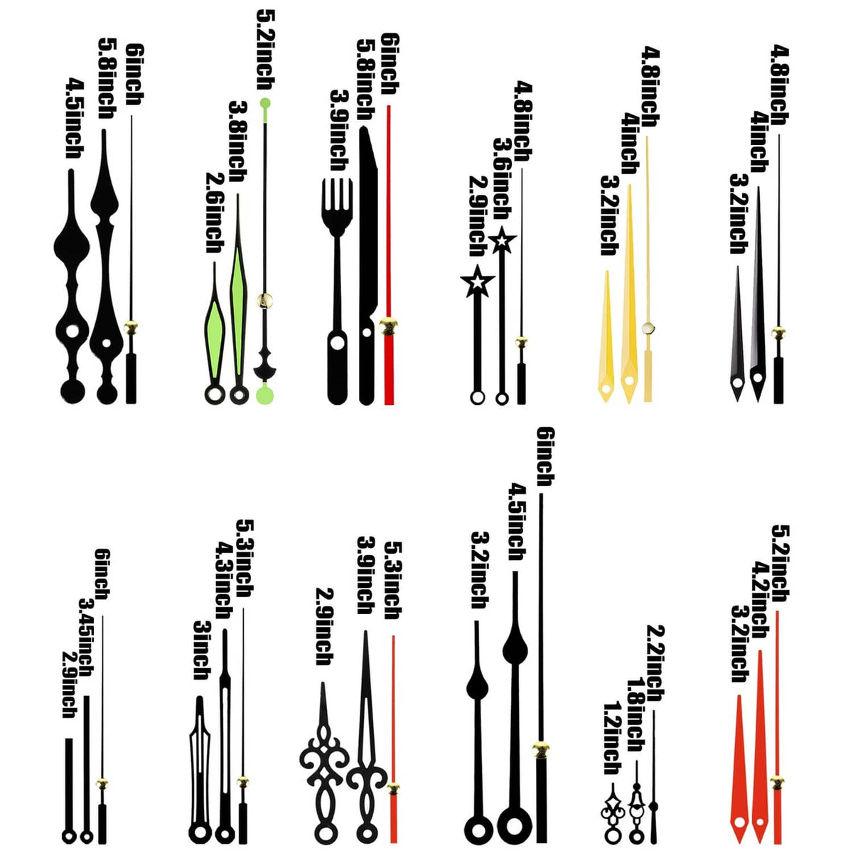 Assorted clock hands in black, red, green, and gold with size labels