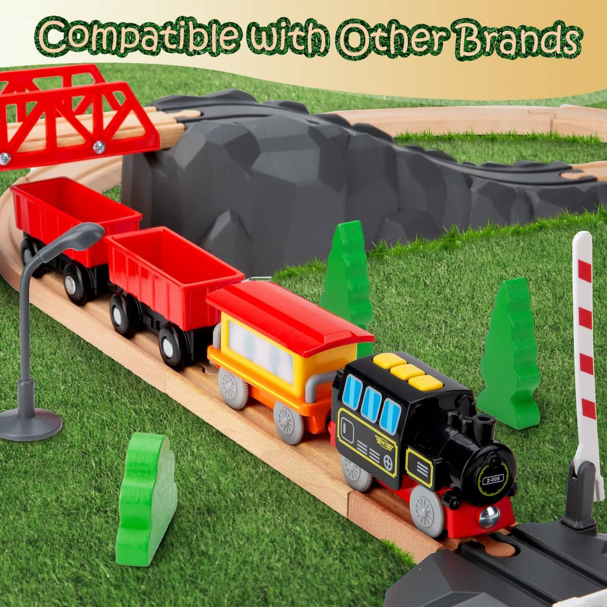 Black locomotive hauling red and orange cargo cars with blue window panels