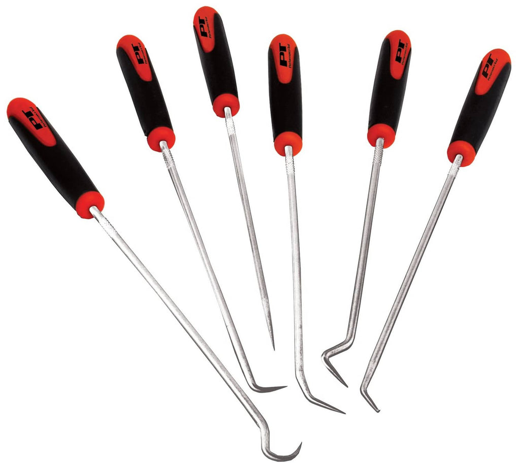 Set of hook and pick tools with black handles, red grips, and steel shafts