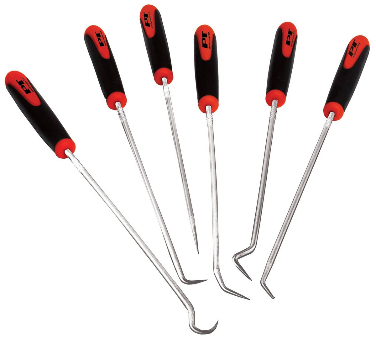 Set of hook and pick tools with black handles, red grips, and steel shafts