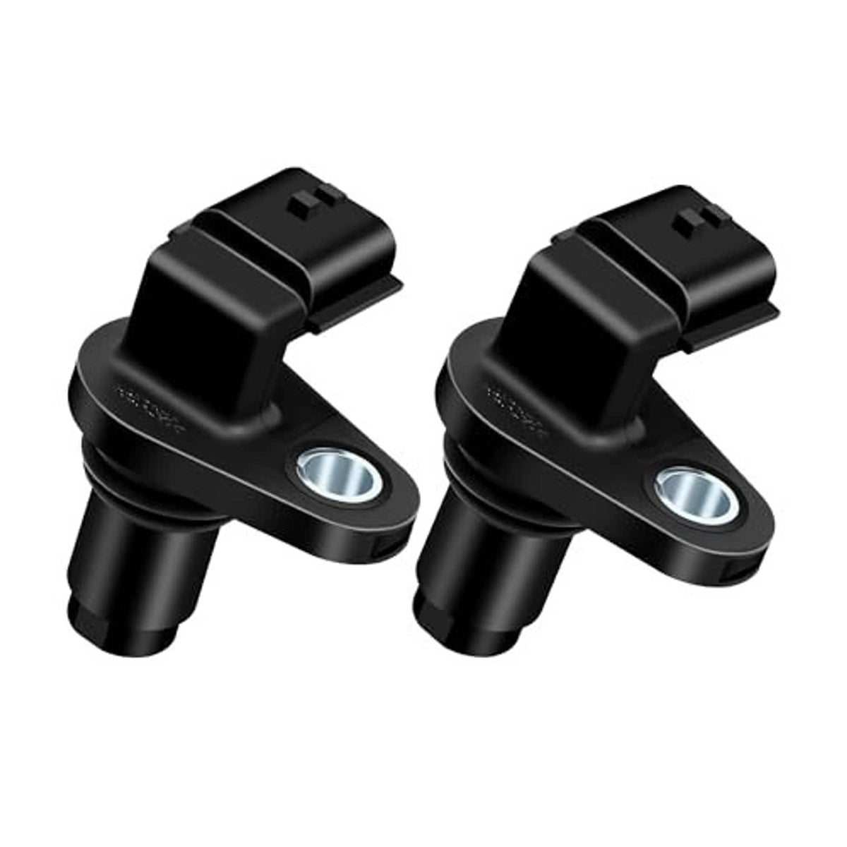Two black camshaft position sensors, metal ring faces visible on mounting bracket
