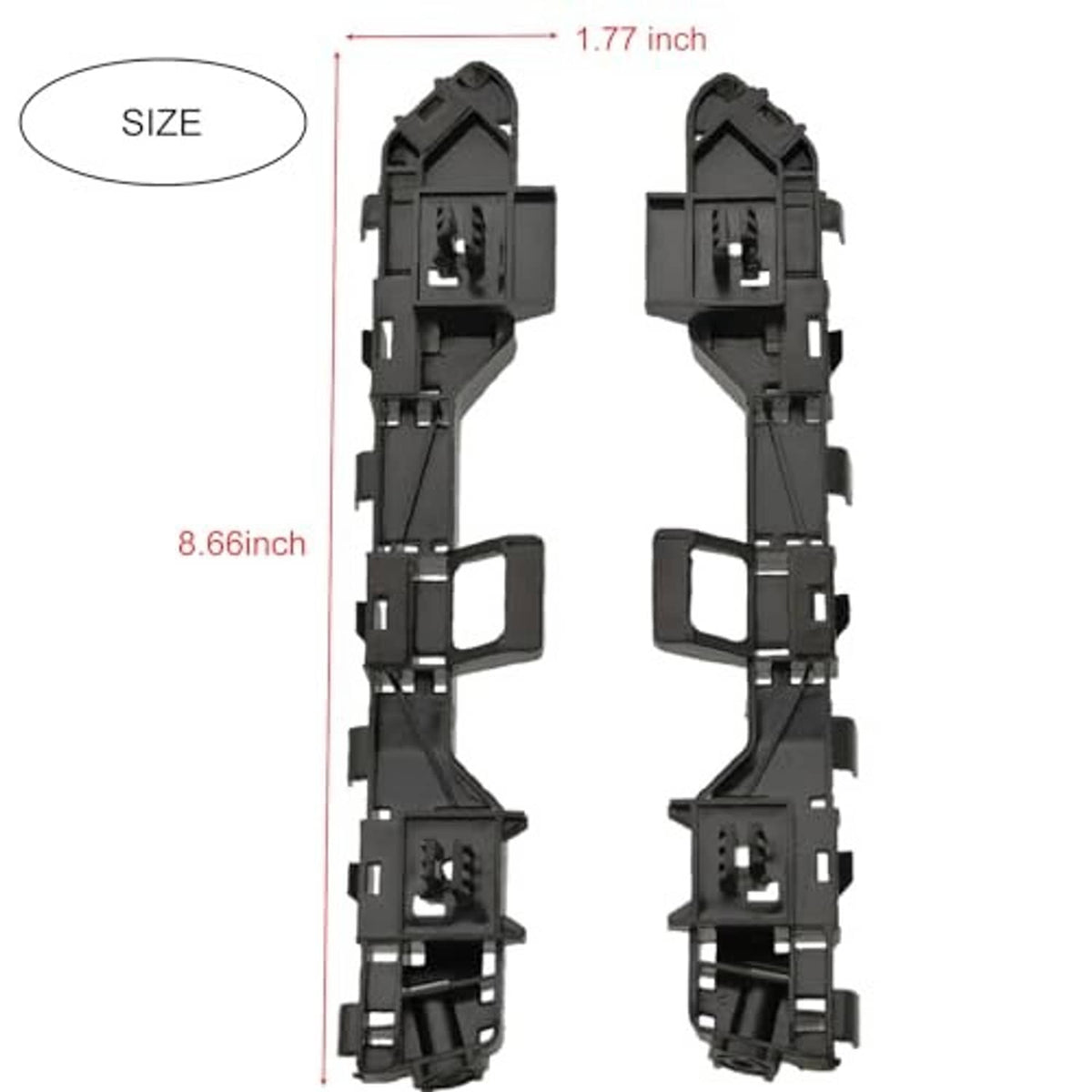 Front bumper bracket pair, black plastic, size 8.66 in long
