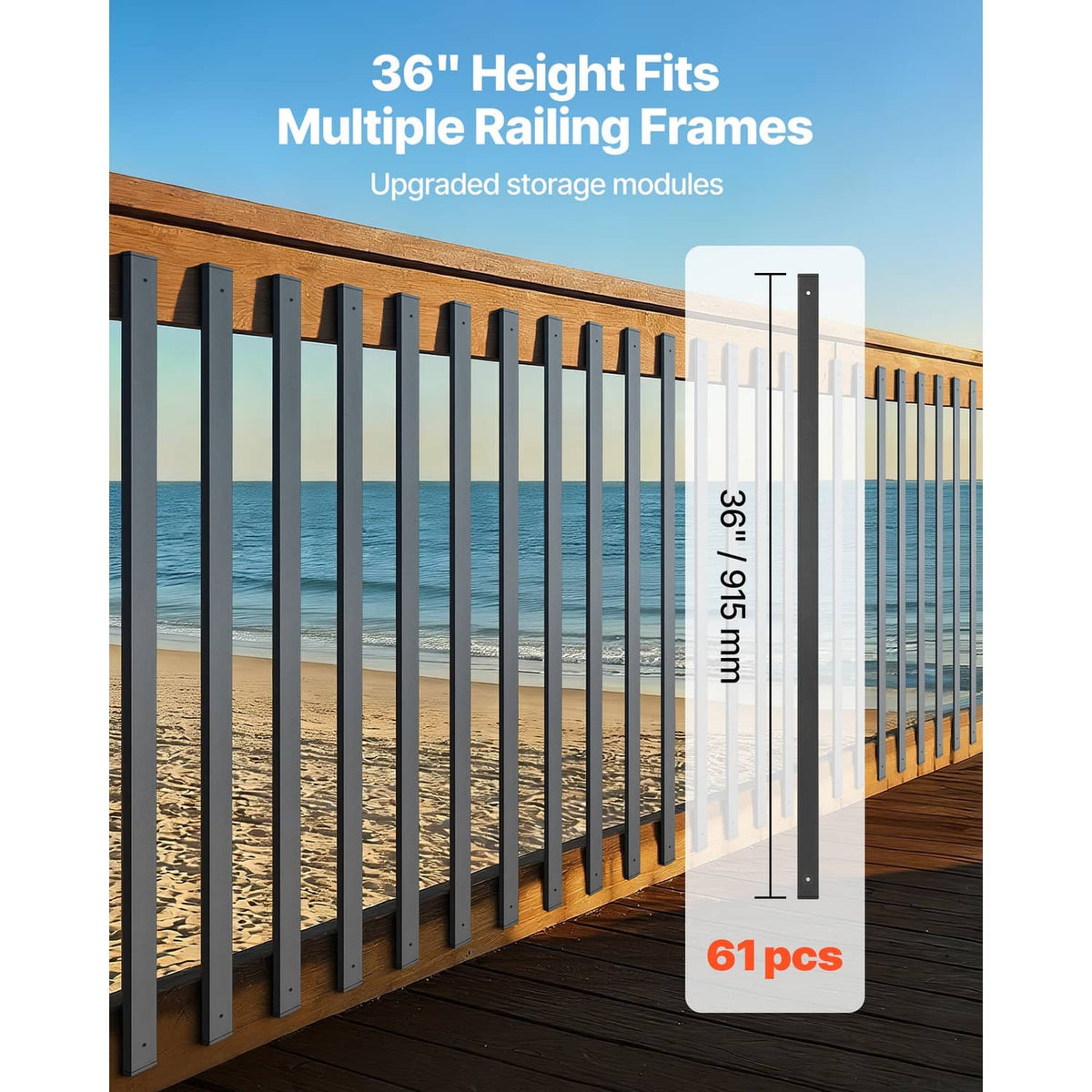 Black steel railing balusters, tall rectangular bars with drilled mounting holes