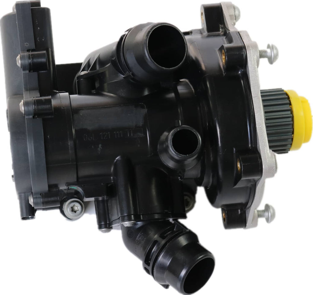 Water pump thermostat housing assembly close-up of black housing and yellow cap