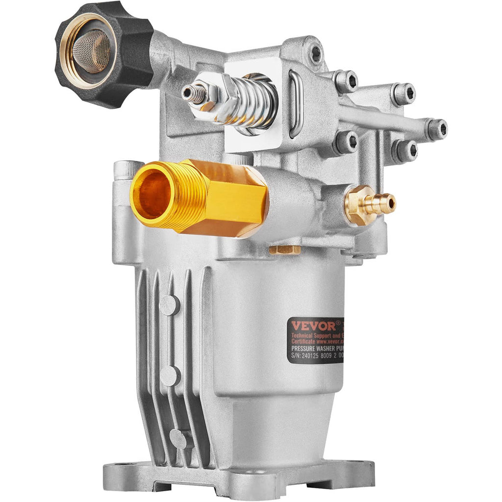 Pressure washer pump with brass fittings and spring, angled side view