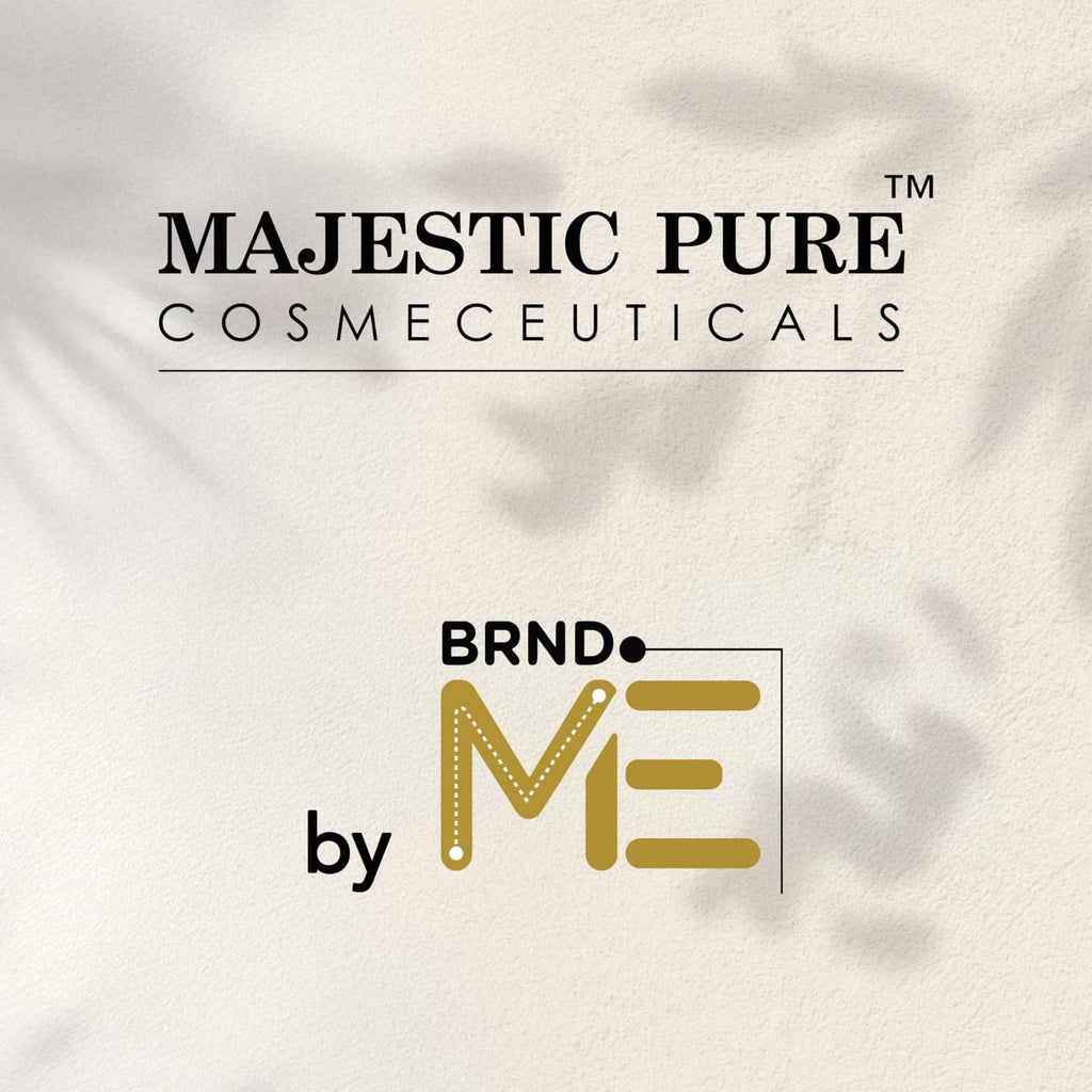 Majestic Pure Cosmeceuticals branding with 'BRND by ME' logo on packaging.
