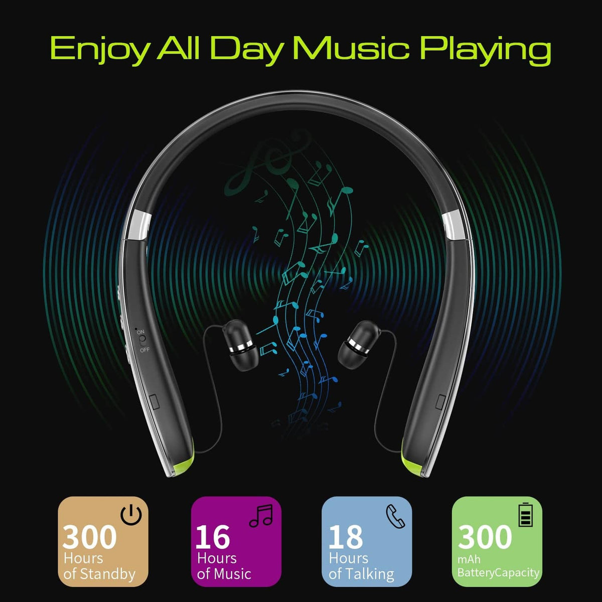 Grey neckband Bluetooth headset with green accents and two inline earbuds, front view.