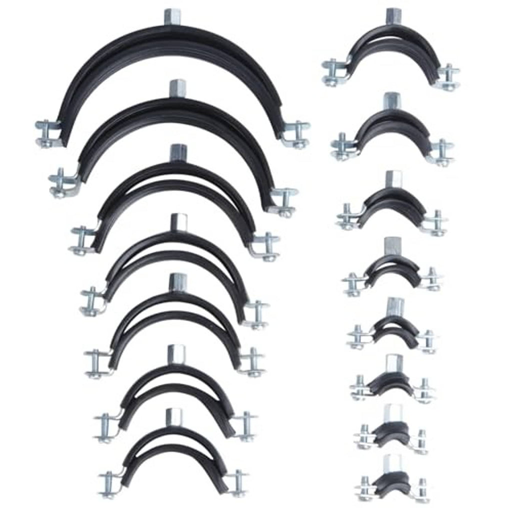 Multiple black split ring pipe hangers with galvanized clamps and bolts, shown grouped.