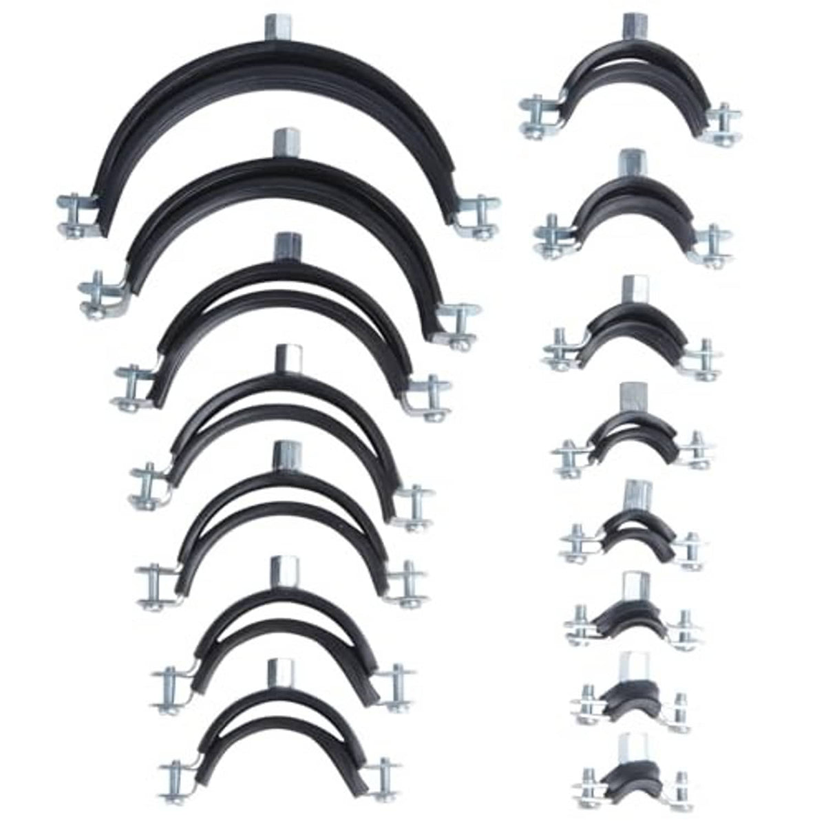 Multiple black split ring pipe hangers with galvanized clamps and bolts, shown grouped.