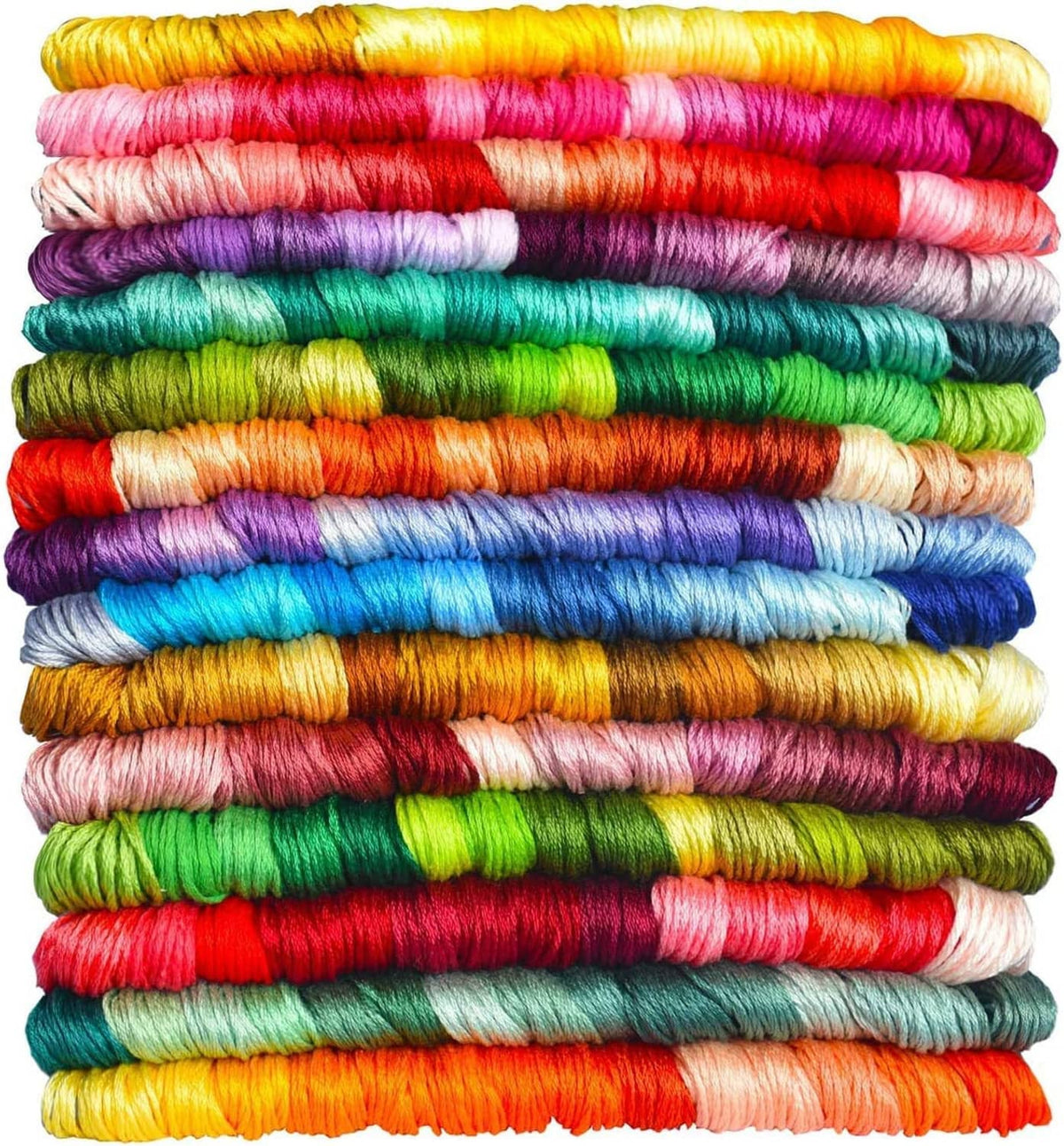 Color embroidery floss assortment, bright multicolor skeins stacked with wrapped strands