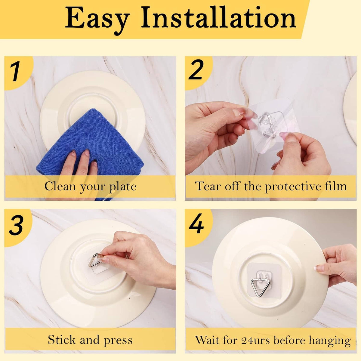 Step-style view of an adhesive plate hanger: peel film, press, and mount the metal clip
