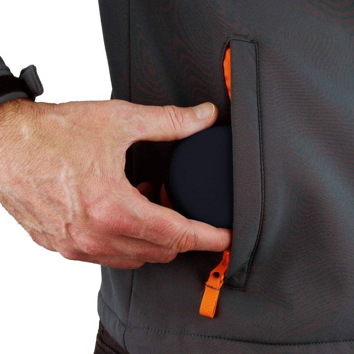 Black round earphone case with zipper opening, orange zipper pull, held open by hand