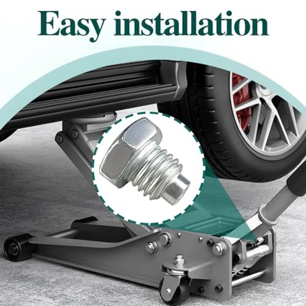 Side view of gray horizontal floor jack with silver fixed screw on the pressure rod