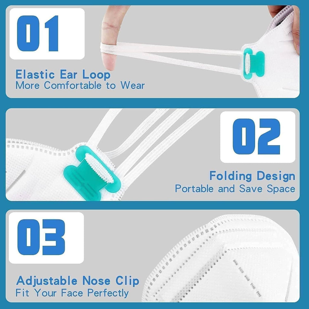 White N95 mask with turquoise elastic ear loops and adjustable nose clip