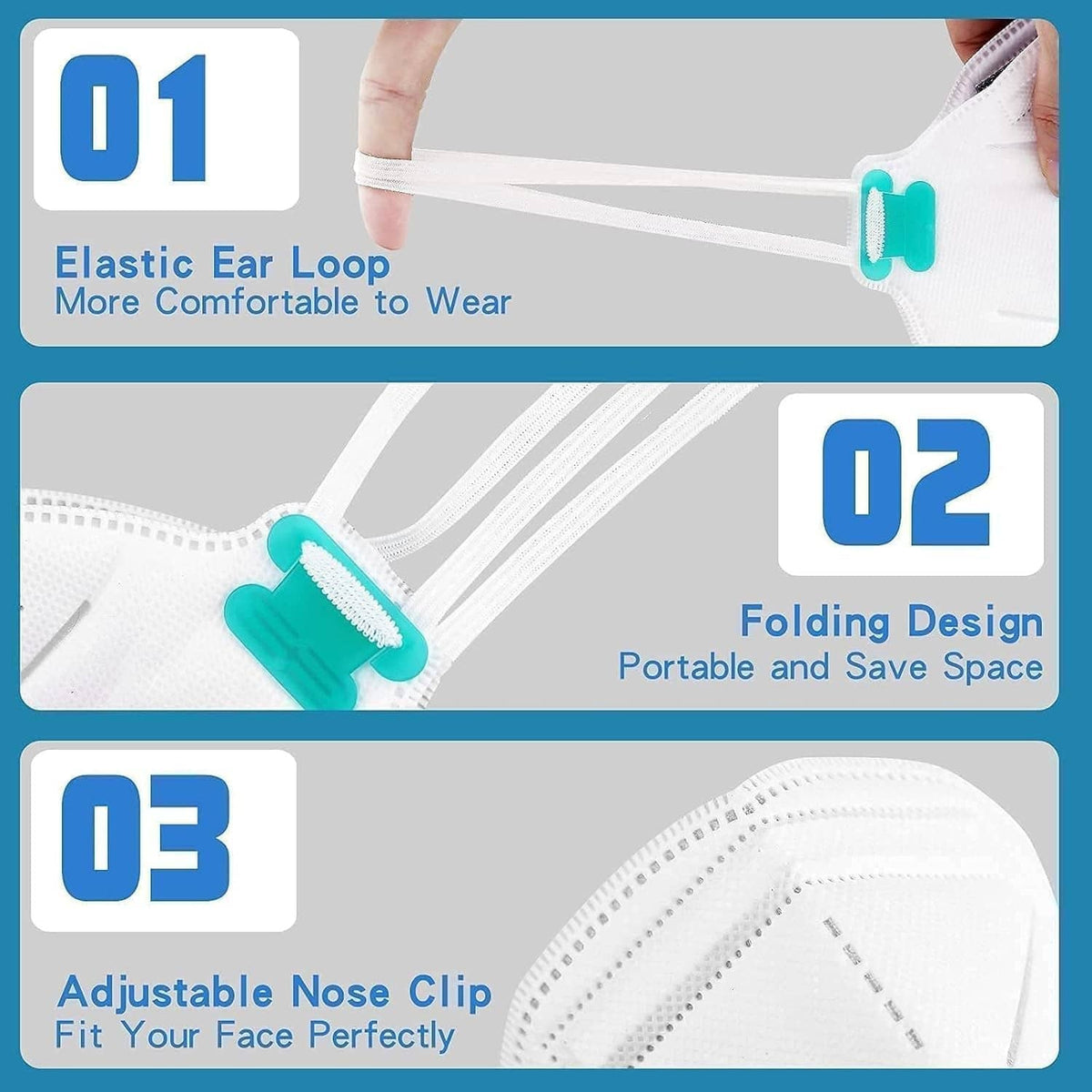 White N95 mask with turquoise elastic ear loops and adjustable nose clip
