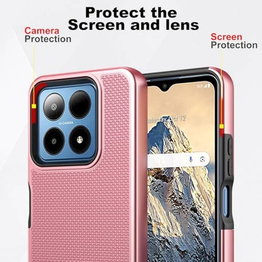 Rose gold textured phone case with raised edges for screen and lens protection