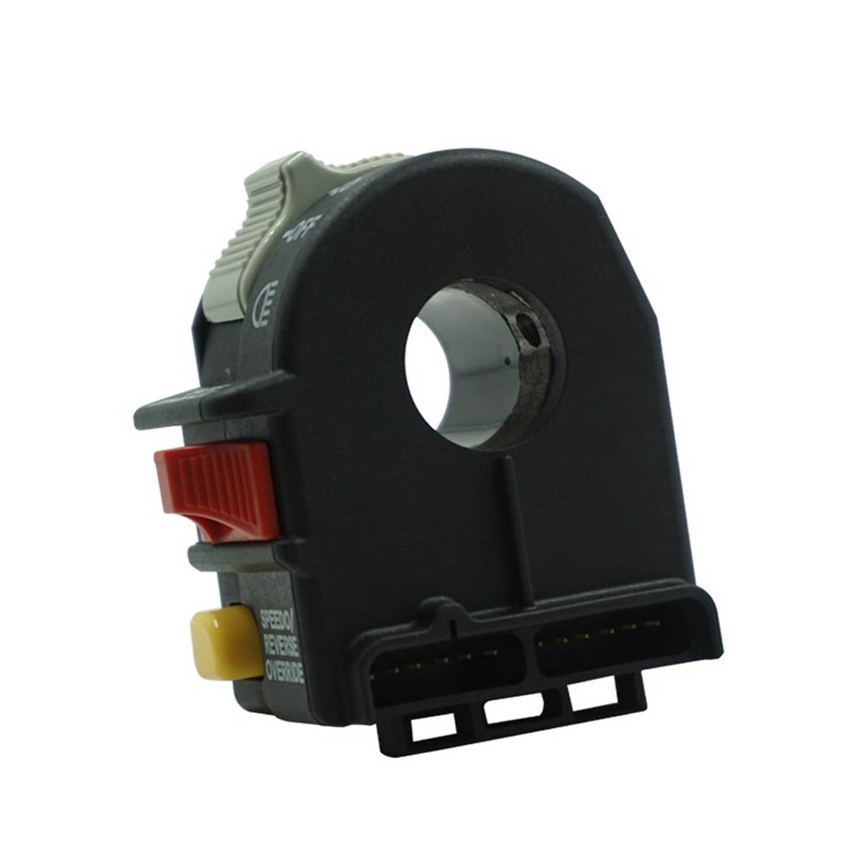 Left handlebar switch with circular mounting hole, black housing, red rocker, yellow lever