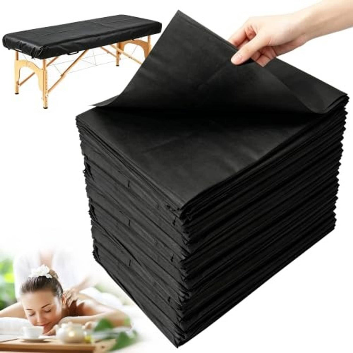 Black disposable table sheets, non-woven, lifted sheet held above folded pile
