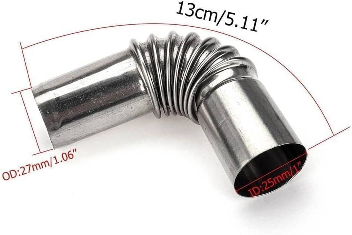 Stainless steel exhaust pipe elbow with corrugated flex, about 13 cm length