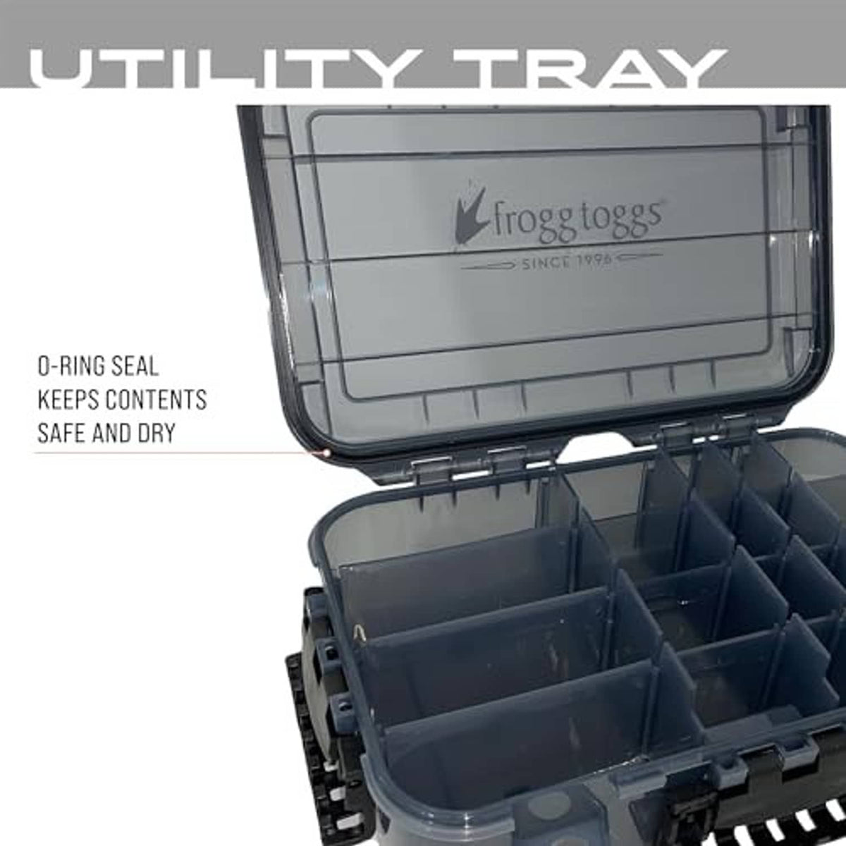 Clear-lidded waterproof utility box with dark interior tray and divider compartments