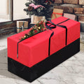 Red and black Christmas tree storage bag with top carry handles and zipper closure.