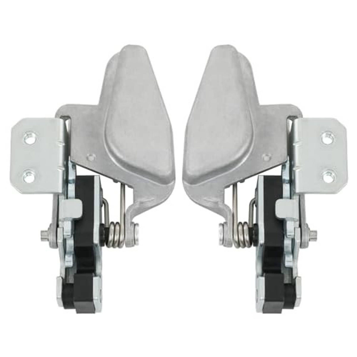 Metal door latch lock pair with triangular handles, springs, and side mounting plates