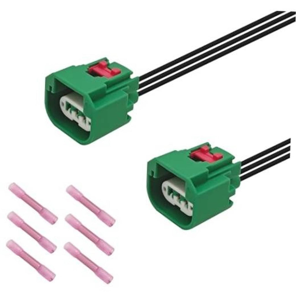 Green headlight wiring harness plug with red latch, two-wire pigtail connector and pink leads