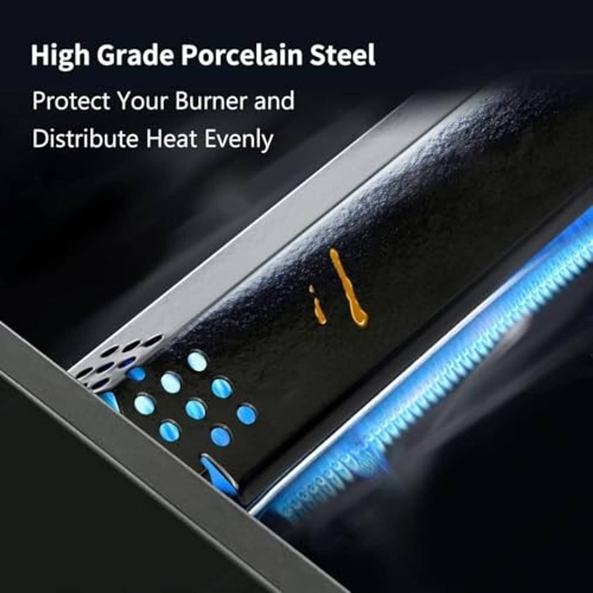 Porcelain steel grill heat plate with vent holes for even heat distribution