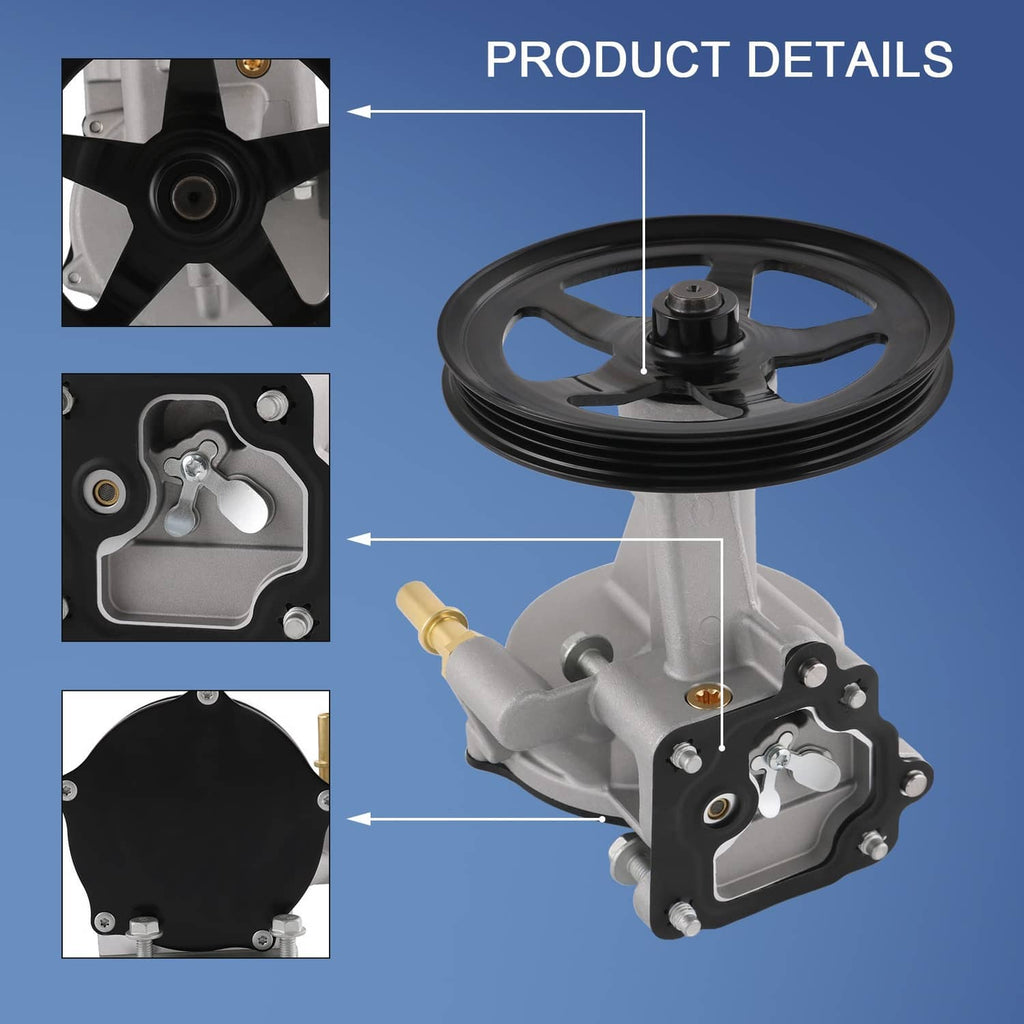 Vacuum pump with black pulley, detailed view of gray housing and mounting bracket