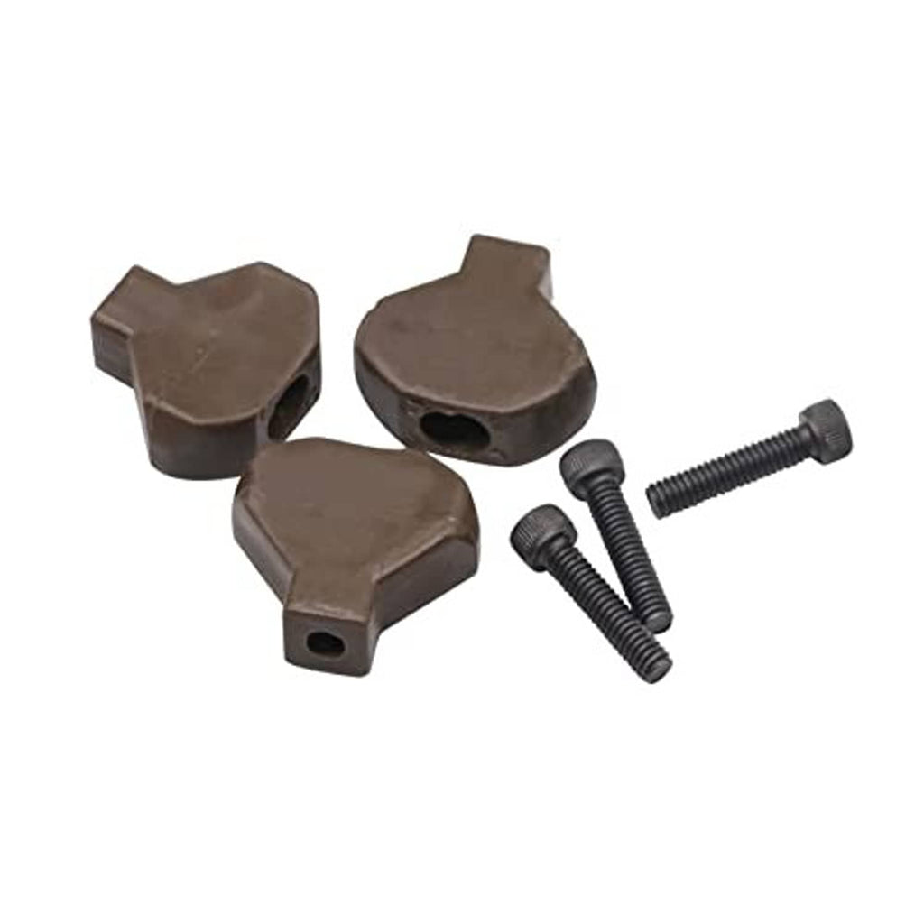 Three dark brown clutch buttons with four mounting bolts