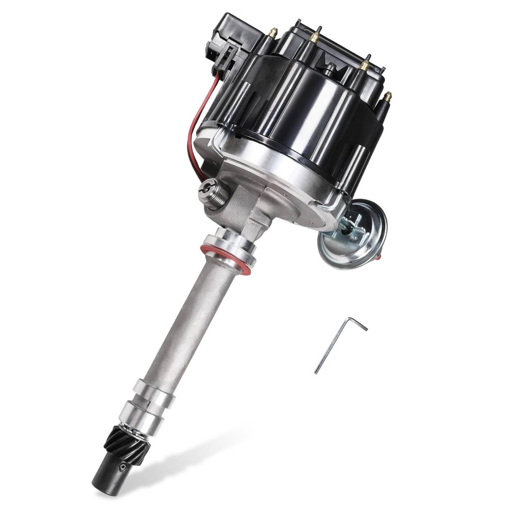 Black HEI tach drive distributor with silver metal shaft and red wire connector