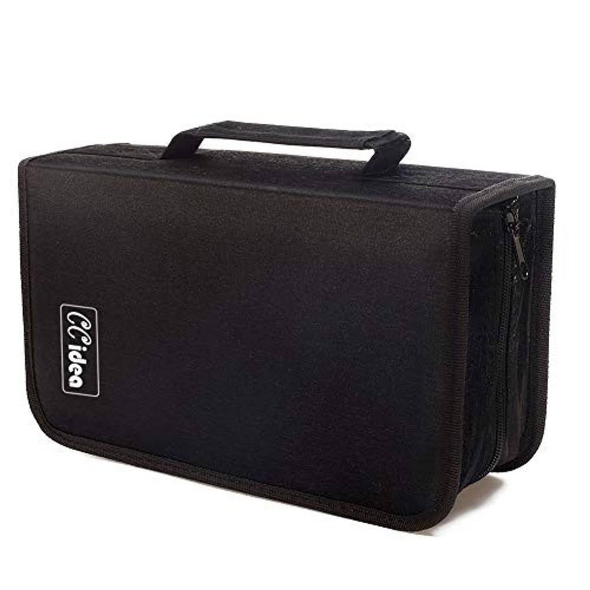 Black CD/DVD case with front logo patch, side zipper, and top handle
