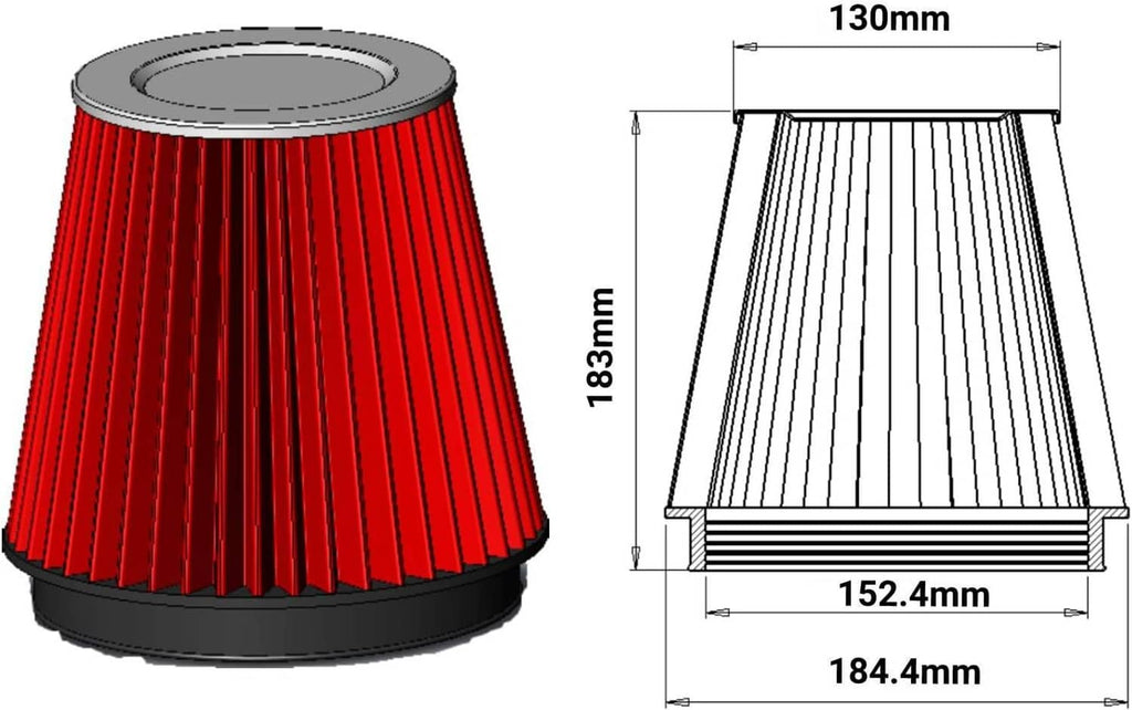 Red pleated cone air filter with black base and top rim, size diagram