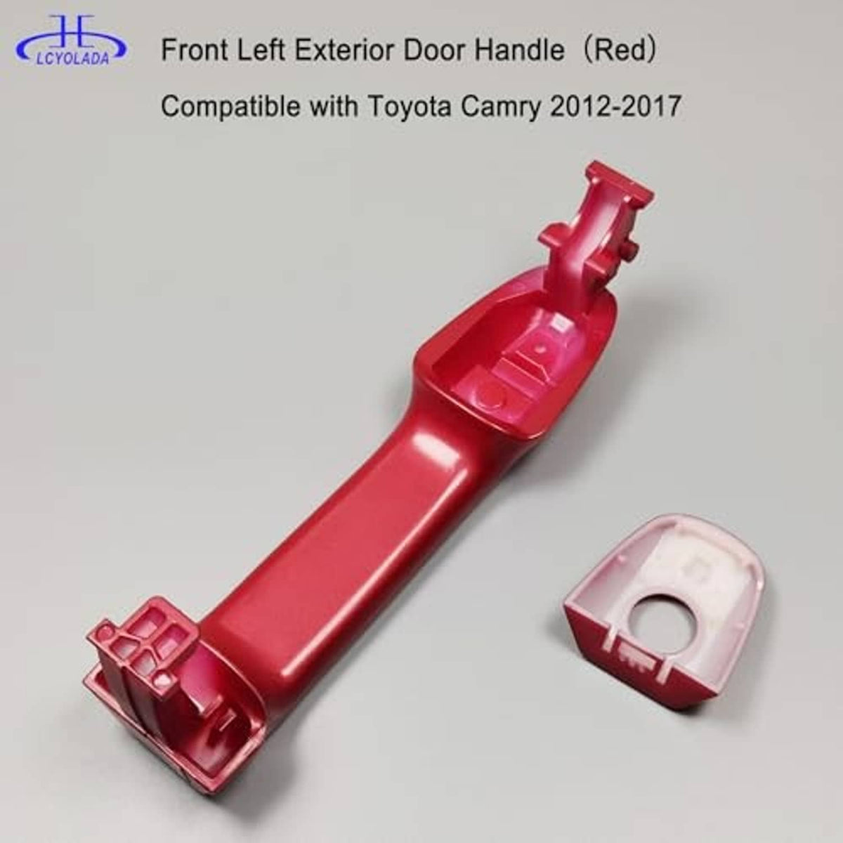 Red front left exterior door handle with mounting bracket and keyhole cover