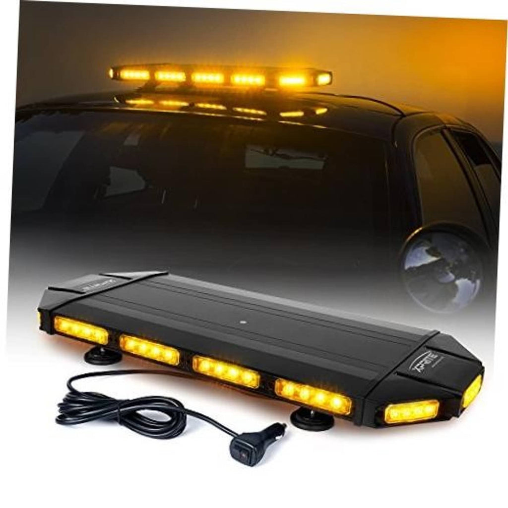 Amber LED strobe light bar with black housing, mounted magnets, and power cable