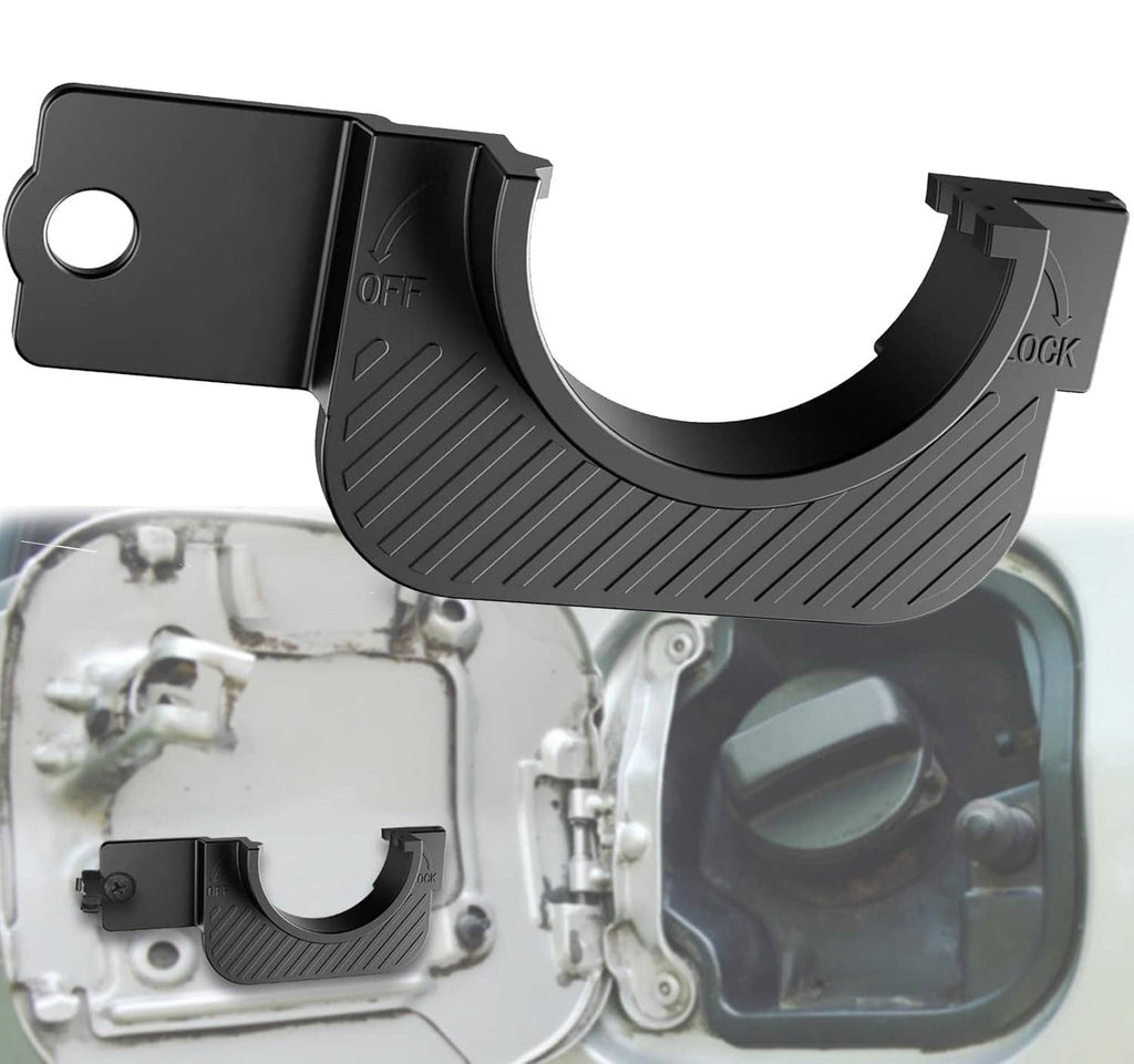 Black plastic gas cap holder trim with ridged curved grip and mounting tab