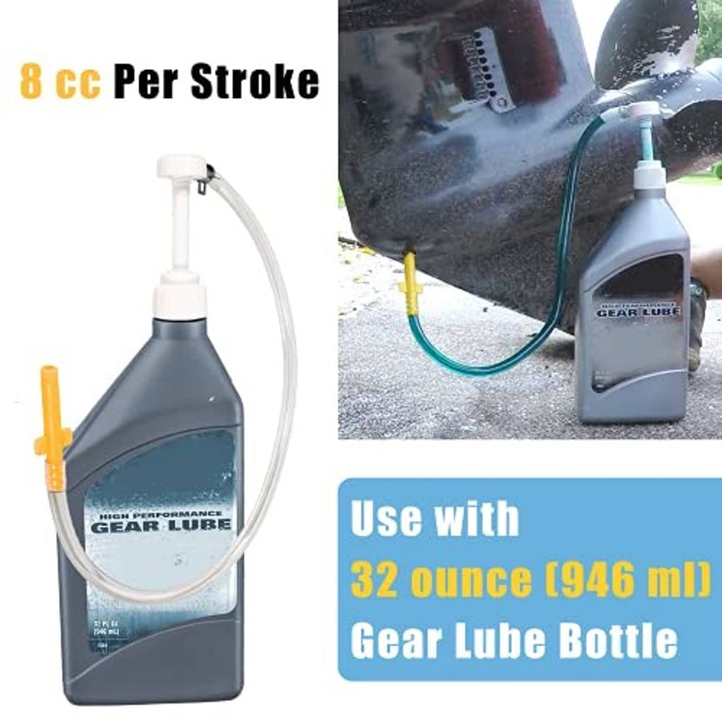 Gear lube pump system with white pump, clear hose, yellow tube, and gray gear lube bottle