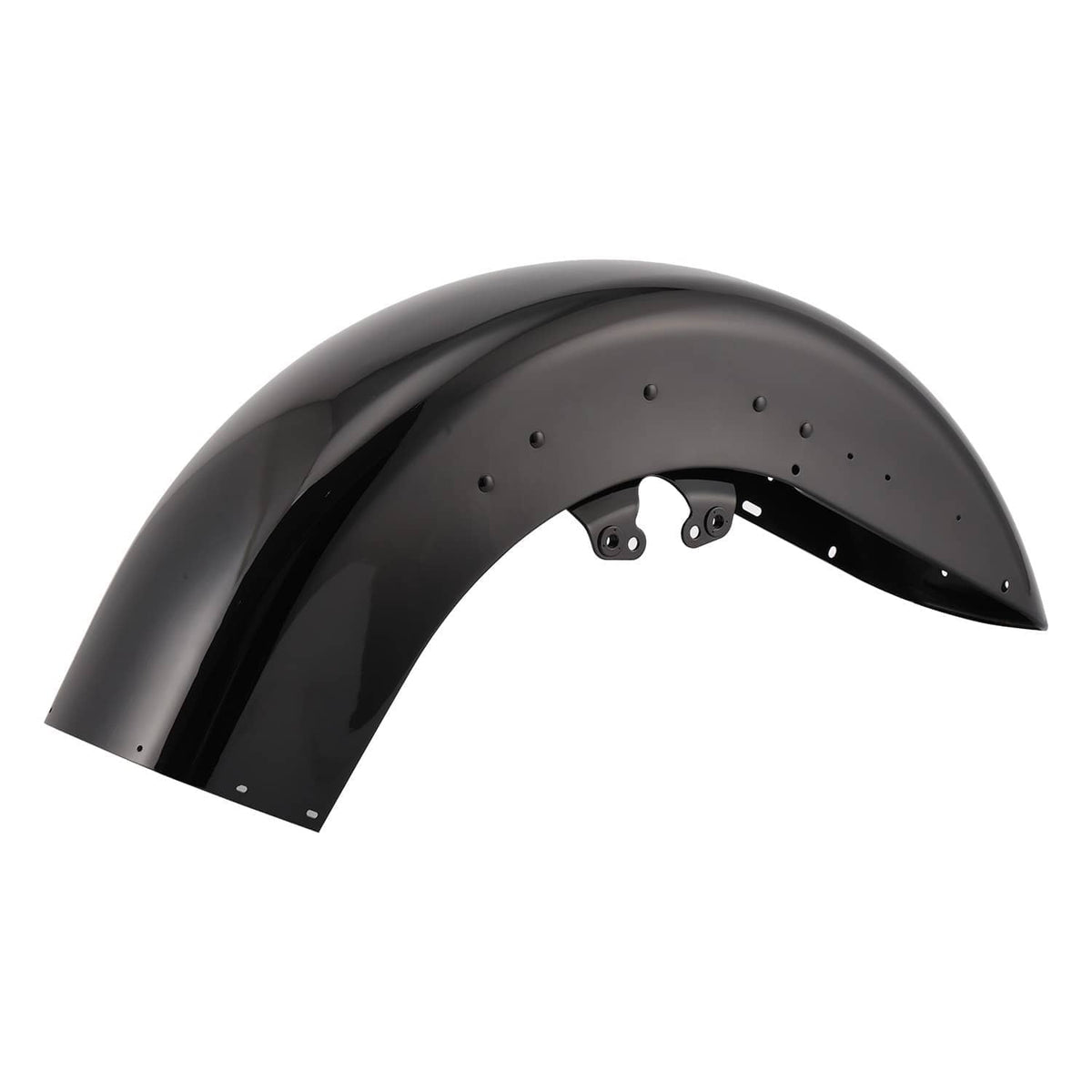 Glossy black front motorcycle fender with perforated mounting holes